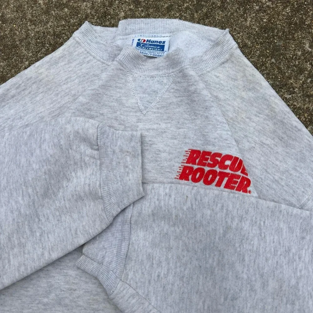 Vintage 80s Hanes Rescue Rooter Graphic Crewneck Workwear Made in USA Gray XL b4